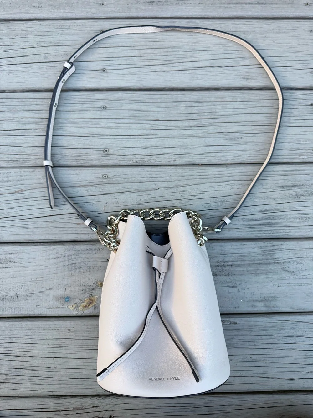 Kendall & Kylie Light Tan Leather Bucket Bag with Chain Strap
